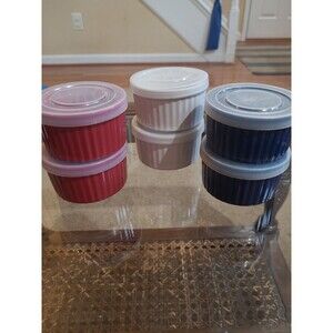 6 Ramekins with Lids 4 oz Oven, Microwave, Freezer, Diswaher Safe Multi Color